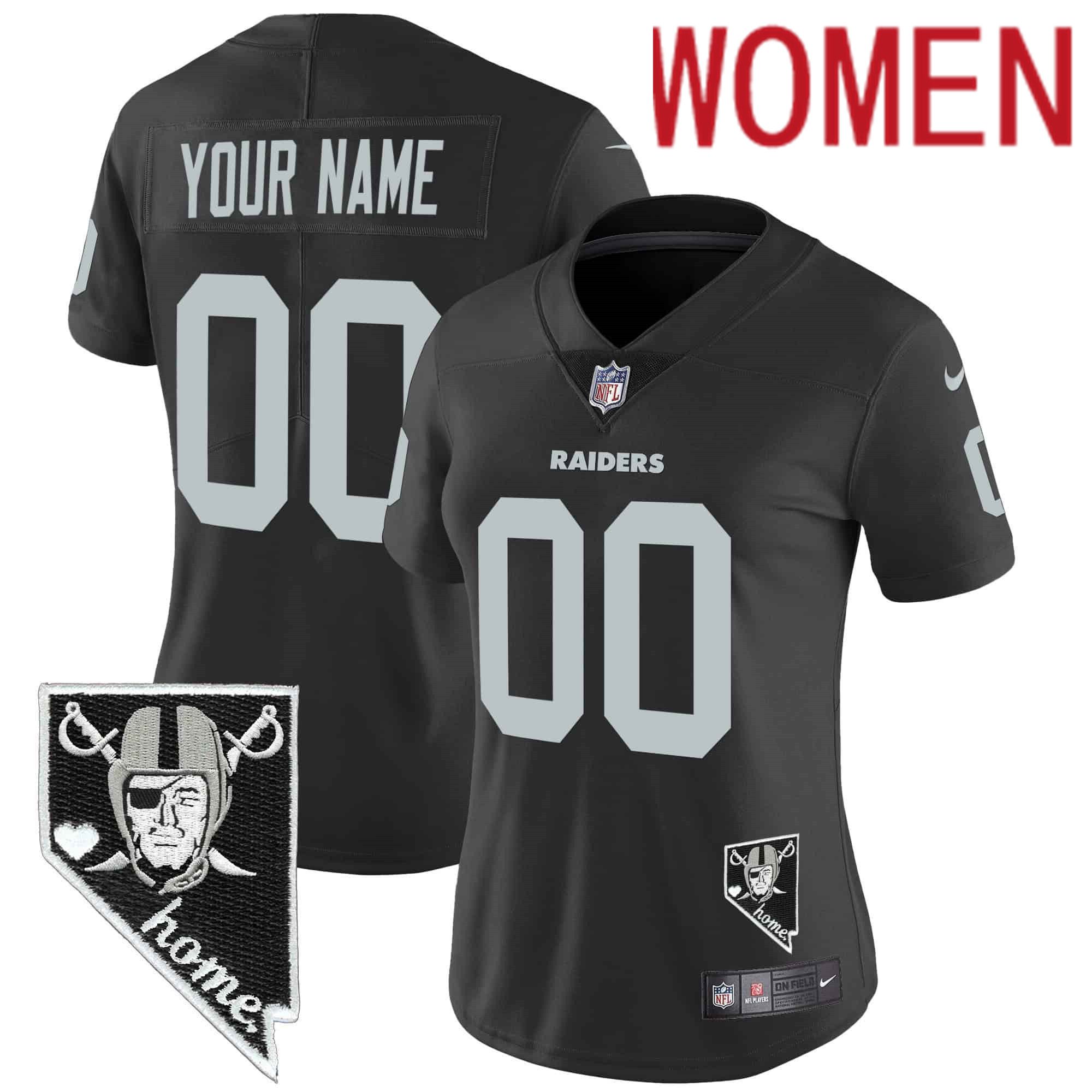 Women Oakland Raiders Black 2024 Nike Nevada Home Patch Vapor Custom NFL Jersey style 1